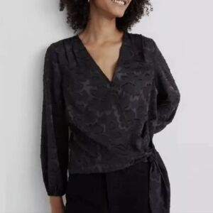 Madewell Black Floral Jacquard Tie Wrap Top XXS